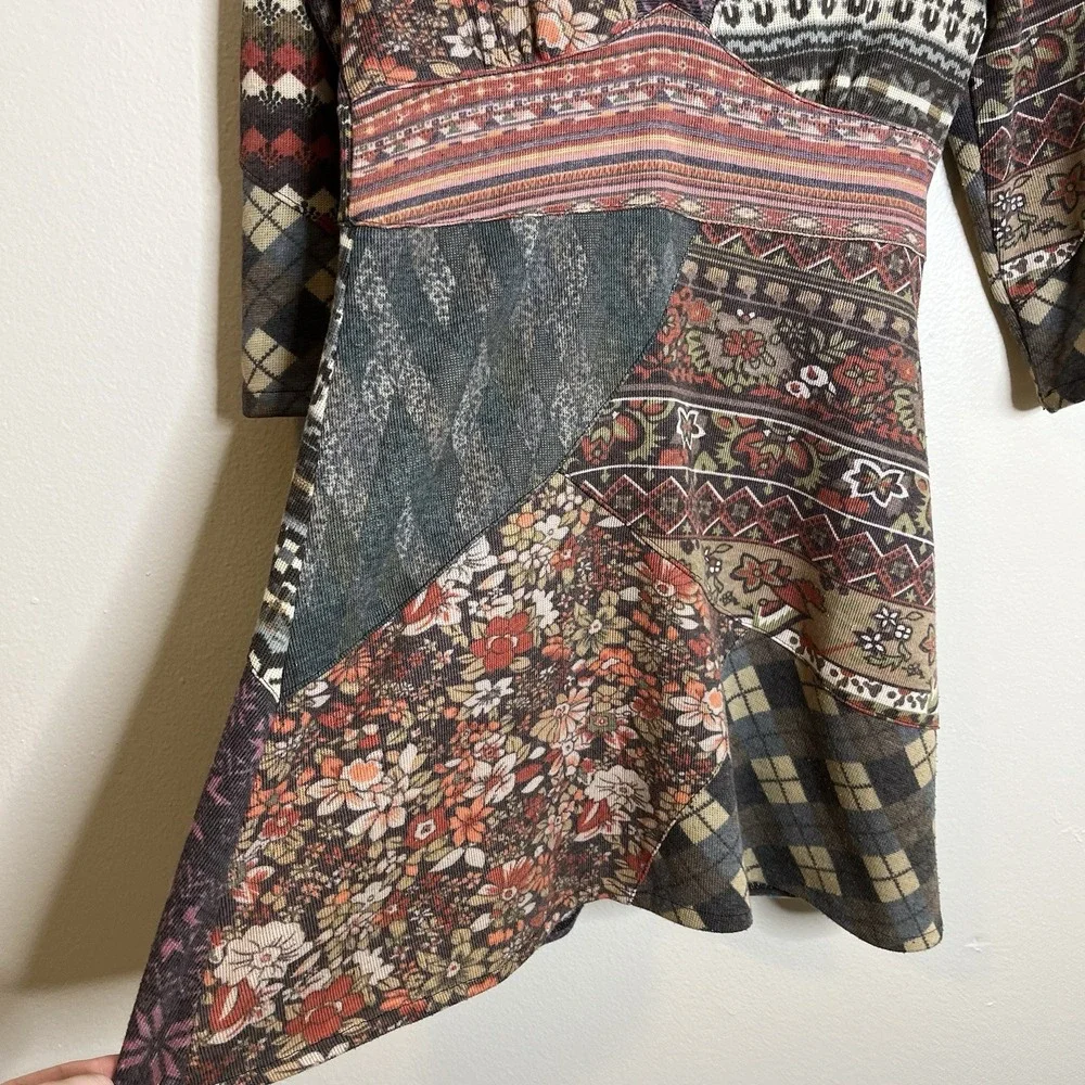 Women Patchwork Micro Dress Tunic‎ Y2K Babydoll Twee S Gilmore Hippie 3/4 Sleeve - Picture 5 of 9